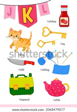 English alphabet with cartoon cute children illustrations. Kids learning material. Letter K. Illustrations kitten, ketchup, key, knitting, knife, kettle.

