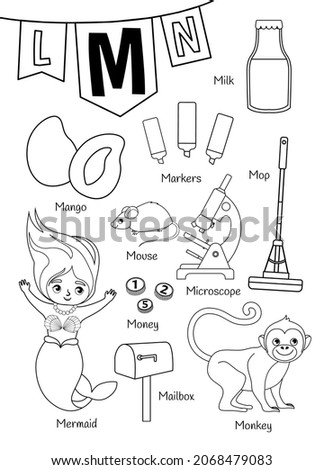 English alphabet with cartoon cute children illustrations. Kids learning material. Letter M. Illustrations mermaid, mango, monkey, mouse, money, microscope. Outline collection.
