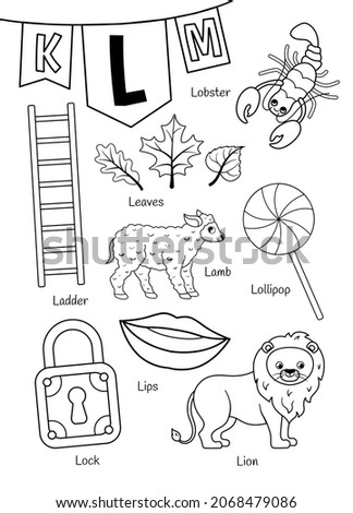 English alphabet with cartoon cute children illustrations. Kids learning material. Letter L. Illustrations lion, lobster, stairs, lollipop, lock. Outline collection.
