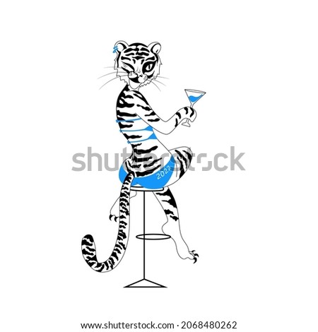 Young beautiful girl tiger in a swimsuit with a glass of champagne meets the New Year in the tropics. Cartoon character vector illustration