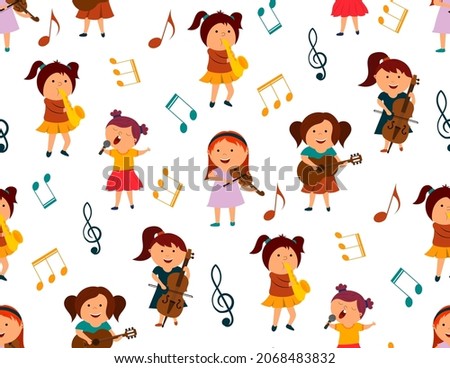 seamless pattern, girls with musical instruments. vector isolated on a white background.