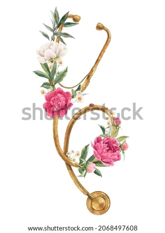 Beautiful stock clip art illustration with hand drawn watercolor doctor retro stethoscope and flowers.