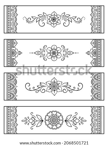 Bookmark for book - coloring. Set of black and white labels with floral doodle patterns, hand draw in mehndi style. Sketch of ornaments for creativity of children and adults with colored pencils.