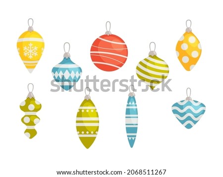 Set of Christmas Tree Decoration Baubles and Colorful Icicles, Cute Glass Toys Isolated on White Background. Festive Decor for Fir-tree, Xmas Celebration. Cartoon Vector Illustration, Icon, Clip Art