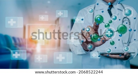 Double exposure of healthcare And Medicine concept. Doctor with medical modern virtual screen interface, Hospital room blurred background.