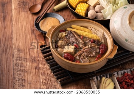 Close up of delicious ginger duck stew hot pot soup in Taiwan.