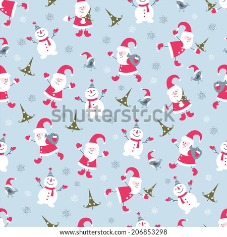 Cute Christmas seamless pattern with Santa and snowman