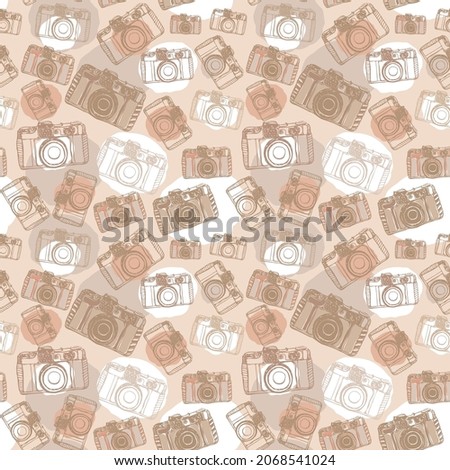 Photo camera white Sepia, Caramel, bronze, Rust brown background, doodle freehand drawing, vintage style. Seamless pattern, classic textile ornament. Can be used for gift wrap fabric wallpaper. Vector