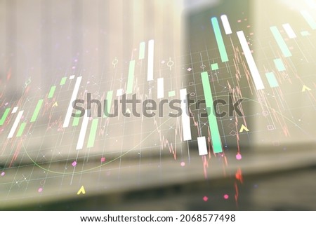 Double exposure of abstract creative financial chart hologram on modern business center exterior background, research and strategy concept