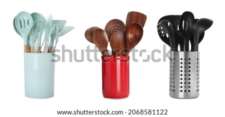 Kitchen tool sets in holders on white background, collage. Banner design Royalty-Free Stock Photo #2068581122