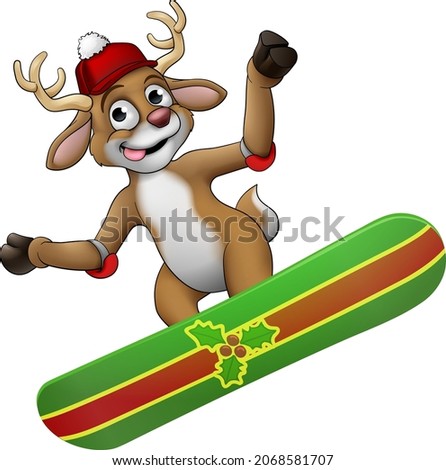 A Christmas Reindeer snowboarding on his or her snow board cartoon