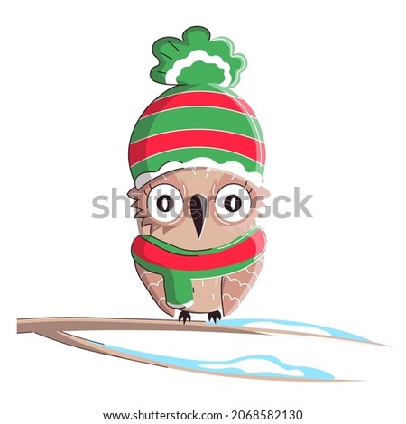 Cute owl in winter hat and scarf sitting on branch. Vector holiday card and print