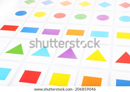 Educational cards with color geometric shapes, close up