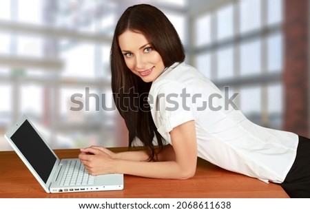 The happy girl looks at pc screen watch movie, online webinar, enjoy virtual study with tutor,