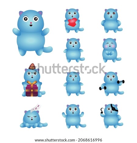 Cute blue cat in different emotions and actions sticker illustration clip-art set