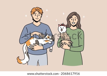 Enjoying animals and pets concept. Young smiling couple woman and man standing and holding cat and small dog on hands feeling love vector illustration 