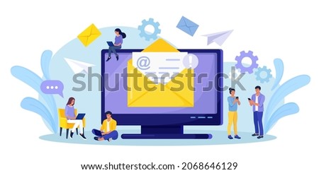 Sending and receiving mail messages. People using electronic mail by mobile phone, computer. Characters writing email letters by smartphone, laptop. New incoming sms, chat in social network, spam Royalty-Free Stock Photo #2068646129