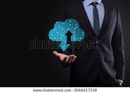 Man hold Cloud icon technology. Polygonal wireframe cloud storage sign with two arrows up and down. Cloud computing, big data center, future infrastructure, digital ai concept. Virtual hosting symbol.
