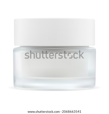 Glass cream jar. Cosmetic cream container blank. White plastic cap glass pot mockup illustration. Round skin blush powder or gel tin template mock up. Creme jar no label, logo for your brand Royalty-Free Stock Photo #2068663541