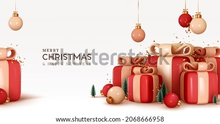 Merry Christmas and Happy New Year background. Pile of red gift boxes with beige bow, handing decorative balls bauble, green pine trees. Holiday banner, web poster, greeting card. vector illustration Royalty-Free Stock Photo #2068666958