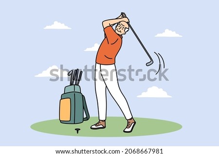 Active leisure and golf concept. Smiling mature elderly man cartoon character standing playing golf with club feeling excited vector illustration 