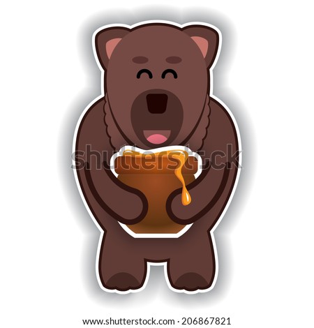 happy cute bear with pot of honey on a white background