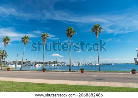 Embankment and marina with yachts. Sunny summer day with blue sky in St. Petersburg Florida.