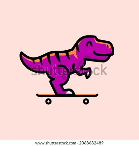 t-rex on a skateboard logo icon, smile tyrannosaurus, Vector illustration of cute cartoon dino character for children and scrap book