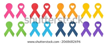 Watercolour illustration set of awareness ribbons in various colors: pink, red, orange, yellow, green, blue and violet. Hand drawn graphic drawing on white background, isolated elements for design.