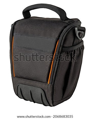 Black can camera bag isolated on white background. Photo case. fabric texture.