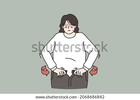 Unhappy overweight woman unable to fasten jeans, need lose weight for body keep fit. Fat female suffer from excessive bodyweight. Diet, healthy lifestyle concept. Flat vector illustration.  Royalty-Free Stock Photo #2068686842