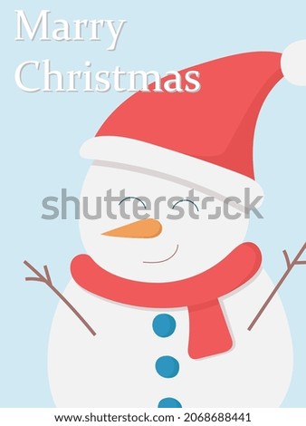 Greeting Christmas card with cute snowman on blue background. Post card vector illustration concept with text, copy space