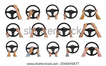 Collage with photos of women with steering wheels on white background, closeup  Royalty-Free Stock Photo #2068696877