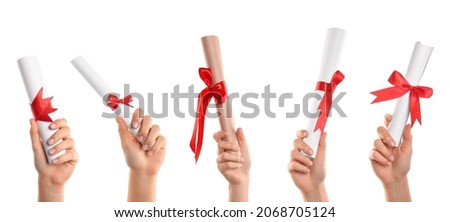 Collage with photos of students holding diplomas on white background, closeup. Banner design Royalty-Free Stock Photo #2068705124