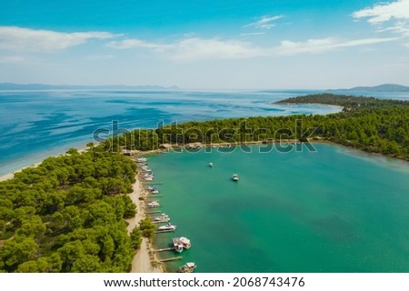 Aerial view of Lagoon beach in Halkidiki, Kassandra peninsula. Aegean sea, Greece 