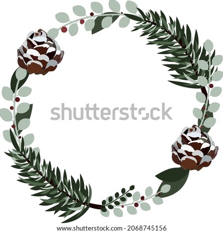 christmas wreath with pine branches and cones. New year greeting card with wreath