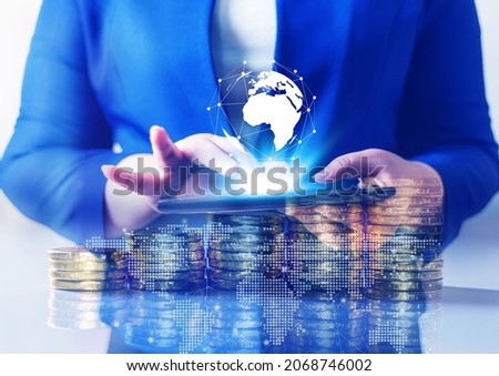 Double exposure, Technology network and online banking and internet banking and networking people concept, Business women with laptop, phone, cellphone, tablet, smartphone mobile, and coin money 