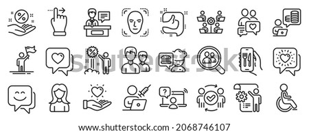 Set of People icons, such as Like, Dating chat, Vaccination appointment icons. Search employees, Chef, Exhibitors signs. Disabled, Leadership, Touchscreen gesture. Face detection, Woman. Vector Royalty-Free Stock Photo #2068746107