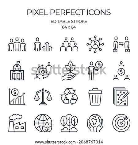 ESG related editable stroke outline icons set isolated on white background flat vector illustration. Pixel perfect. 64 x 64. Royalty-Free Stock Photo #2068767014
