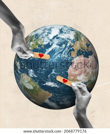 Human and eco, health and save future. Contemporary art collage, modern creative design. Idea, inspiration, saving environment, ecology. Social and environmental issues.