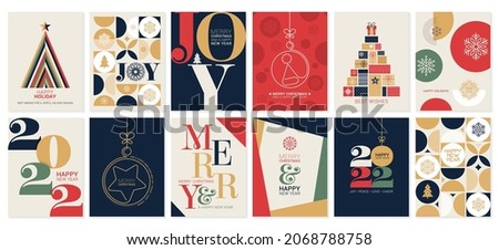 Collection of 12 colorful full vector templates for Merry Christmas and Happy New Year greeting cards. 2022 new year eve celebration cards.