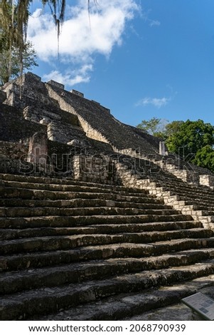 Mayan staircase, Great Calakmul pyramid, Amazing architecture ruins, awesome Mexico latin pre Hispanic culture, ancient building vacation postcard
