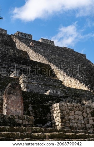 Mayan staircase, Great Calakmul pyramid, Amazing architecture ruins, awesome Mexico latin pre Hispanic culture, ancient building vacation postcard, sitting tourist 