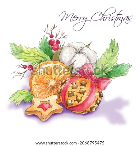 Winter Christmas Bouquet. Hand-drawn watercolor illustration. Tangerines, spices, cotton, Christmas tree. Christmas Post Card. New Year's clip art. Cozy winter story. Colorful image, white background.