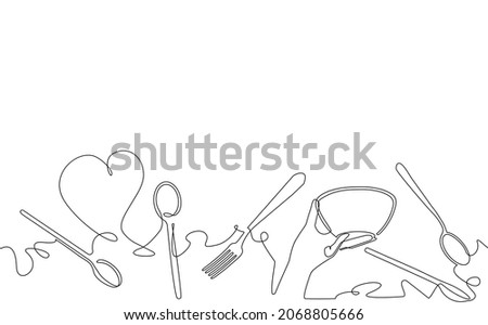 Cooking Seamless Pattern. Outline Cutlery Background. One Line Drawing of Isolated Kitchen Utensils. Cooking Design Poster. Vector illustration. Royalty-Free Stock Photo #2068805666