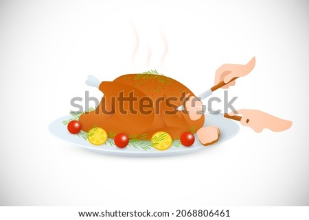Vector Illustration of Food for Traditional Family Dinner. Carving Christmas Roasted Turkey. Lemons, Tomatoes, Spices and Herbs. Isolated on a White Background.