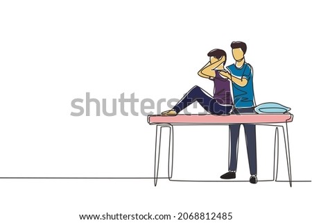 Single one line drawing man sitting on massage table masseur doing healing treatment massaging injured patient manual physical therapy rehabilitation. Continuous line draw design vector illustration