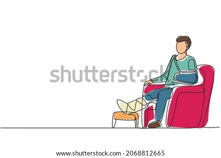 Single continuous line drawing injured patient man with bounded leg, head, arm. Sit in armchair at hospital traumatology department chamber after accident. One line draw design vector illustration