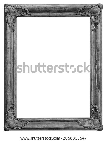 Wooden vintage rectangular silver-plated, silver antique empty picture frame, isolated on white background