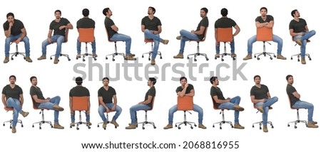 large group of the same man sitting on a chair in various poses on white background Royalty-Free Stock Photo #2068816955